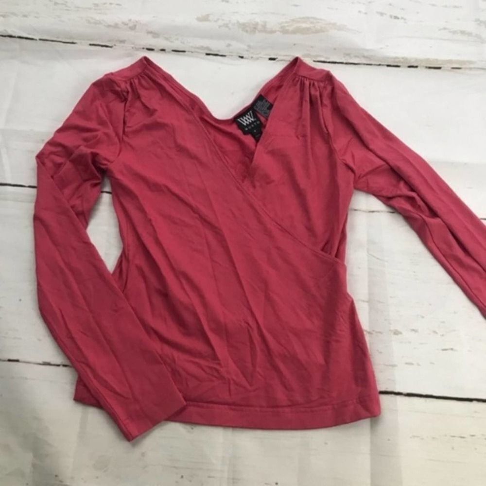 Worth faux wrap vneck pink long sleeve nylon blouse top womens small